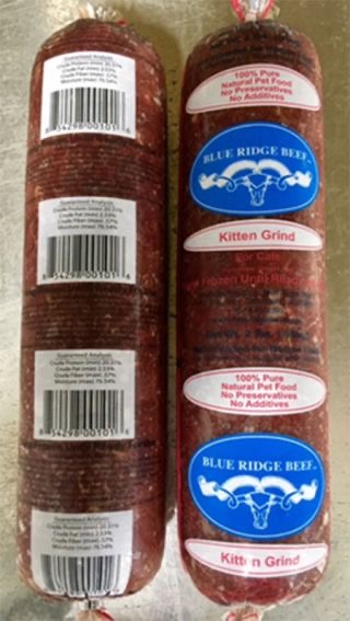 Blue Ridge Beef Recalls Kitten Grind Raw Pet Food Lot#GA1102 Because of Possible Contamination